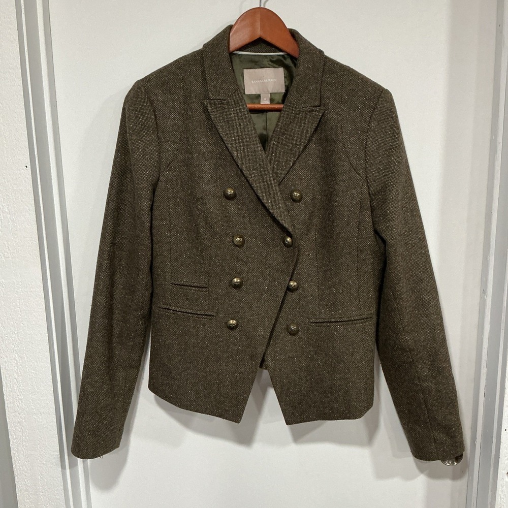 Banana Republic Wool Silk Tweed Double Breasted Blazer Women's 12, Lion Buttons